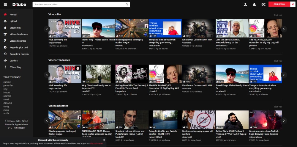 Vue de l'interface D.Tube, proche de celle de YouTube.